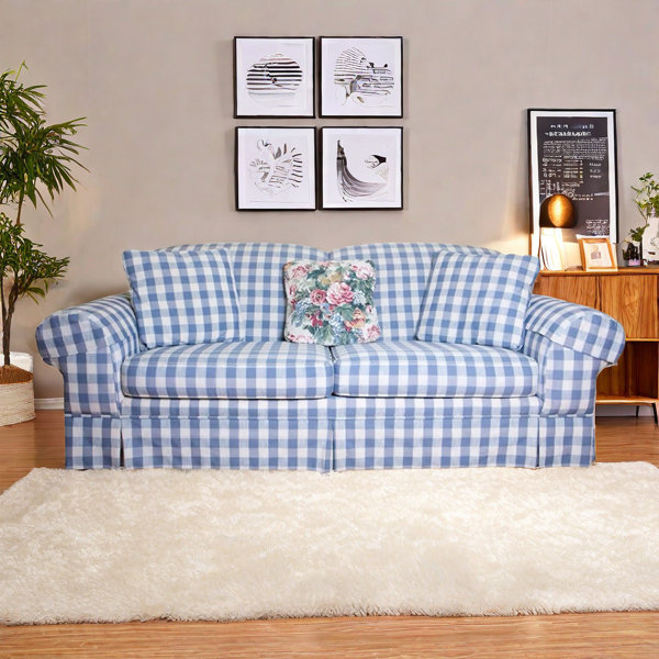 Blue and white checkered sofa discount